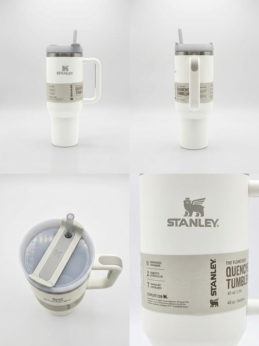 White Stanley Quencher H2.0 Tumbler – 40 oz Insulated Stainless Steel Travel Mug with Handle & Straw Lid