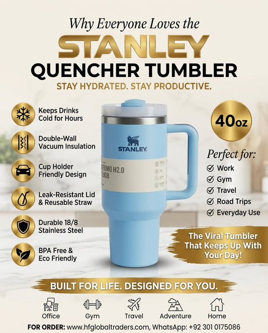 Sky Blue Quencher H2.0 Tumbler – 40 oz Insulated Stainless Steel Travel Mug with Handle & Straw Lid