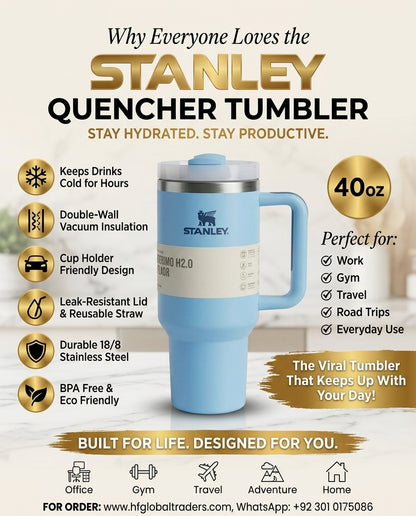 Sky Blue Quencher H2.0 Tumbler – 40 oz Insulated Stainless Steel Travel Mug with Handle & Straw Lid