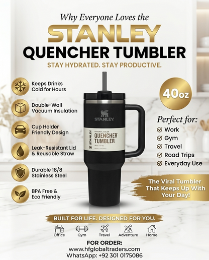 Matte Black Quencher H2.0 Tumbler – 40 oz Insulated Stainless Steel Travel Mug with Handle & Straw Lid