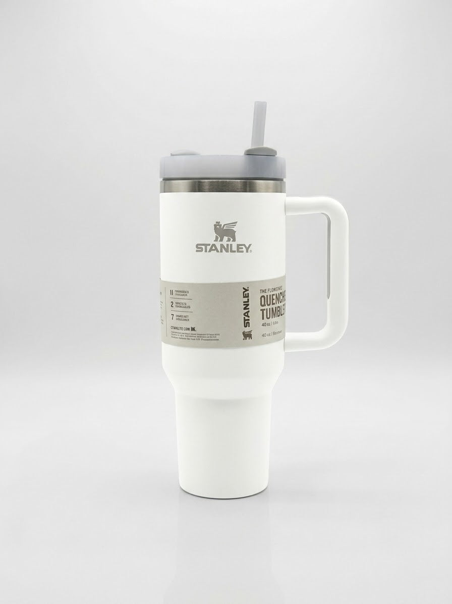 White Stanley Quencher H2.0 Tumbler – 40 oz Insulated Stainless Steel Travel Mug with Handle & Straw Lid