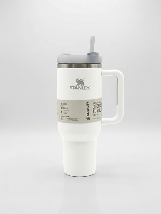 White Stanley Quencher H2.0 Tumbler – 40 oz Insulated Stainless Steel Travel Mug with Handle & Straw Lid
