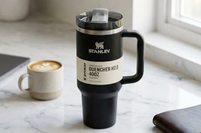 Matte Black Quencher H2.0 Tumbler – 40 oz Insulated Stainless Steel Travel Mug with Handle & Straw Lid